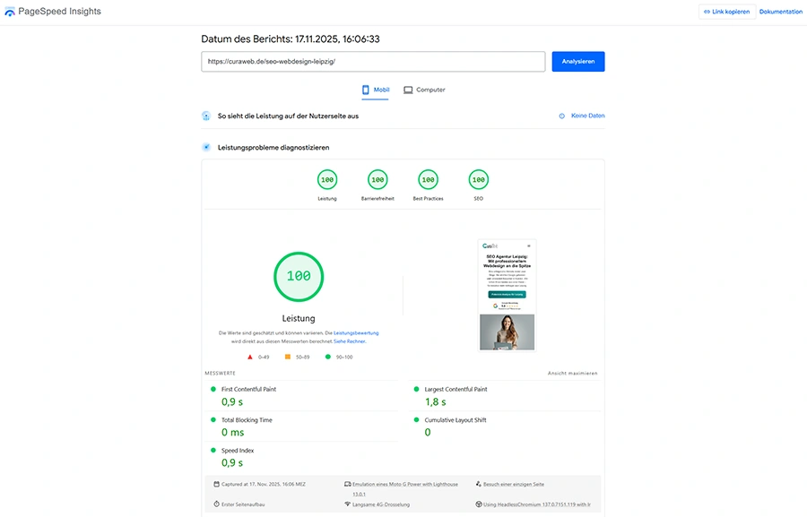Screenshot einer Lighthouse-Bewertung mit viermal 100 Punkten als Case Study für eine SEO-Webseite aus Leipzig