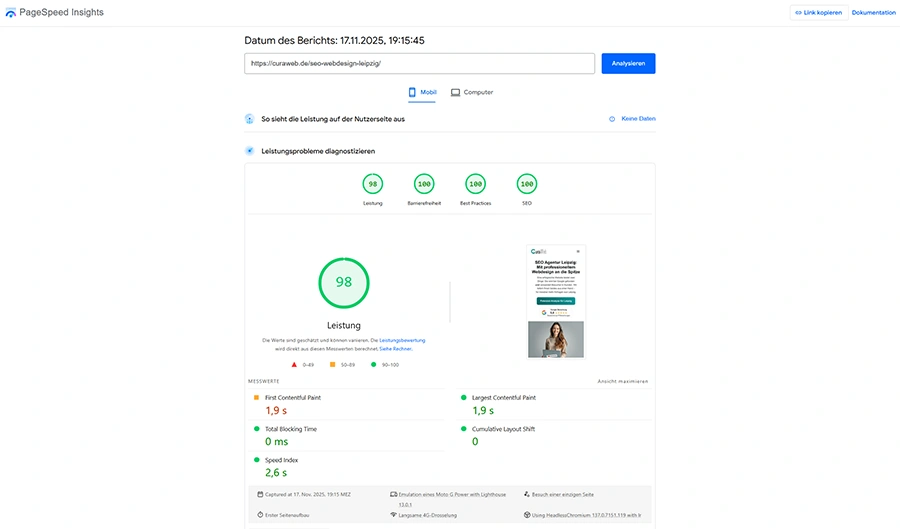 Lighthouse-Bericht mit 98 Punkten, der normale Serverschwankungen zeigt.