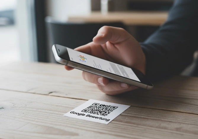 Person scannt mit Smartphone einen QR-Code mit dem Hinweis „Google Bewertung“ auf einem Holztisch – Symbol für einfache digitale Bewertungsanfrage.