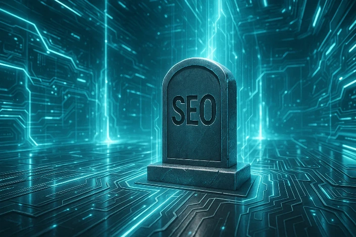 Ein Grabstein mit "SEO" auf einem futuristischen Circuit Board, blaues Licht taucht die Szene in eine digitale Welt.