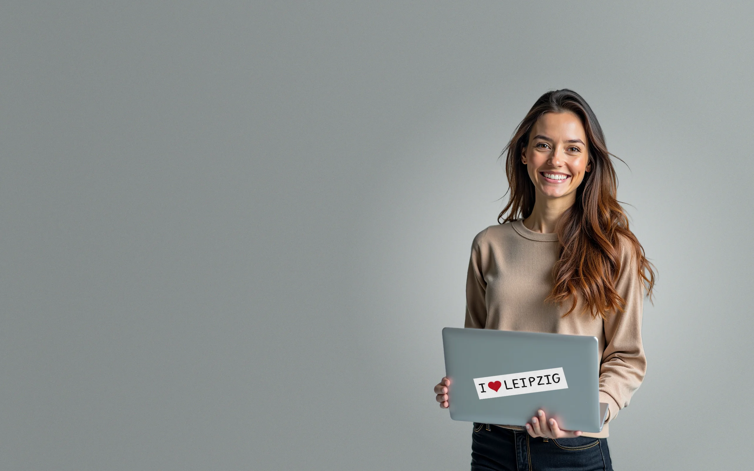 Lächelnde Frau mit Laptop mit I love Leipzig Aufkleber steht für modernes Webdesign und SEO aus Leipzig