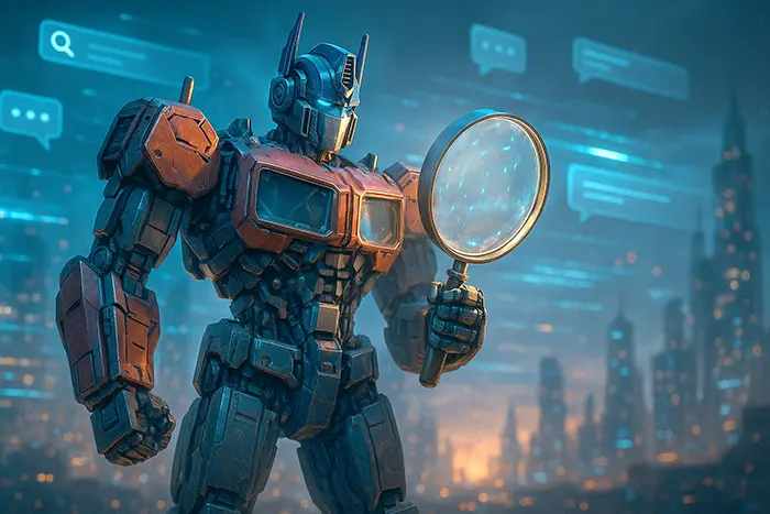 Ein Roboter als Symbol für eine KI-Engine (GEO) hält eine Lupe, um Daten zu analysieren.