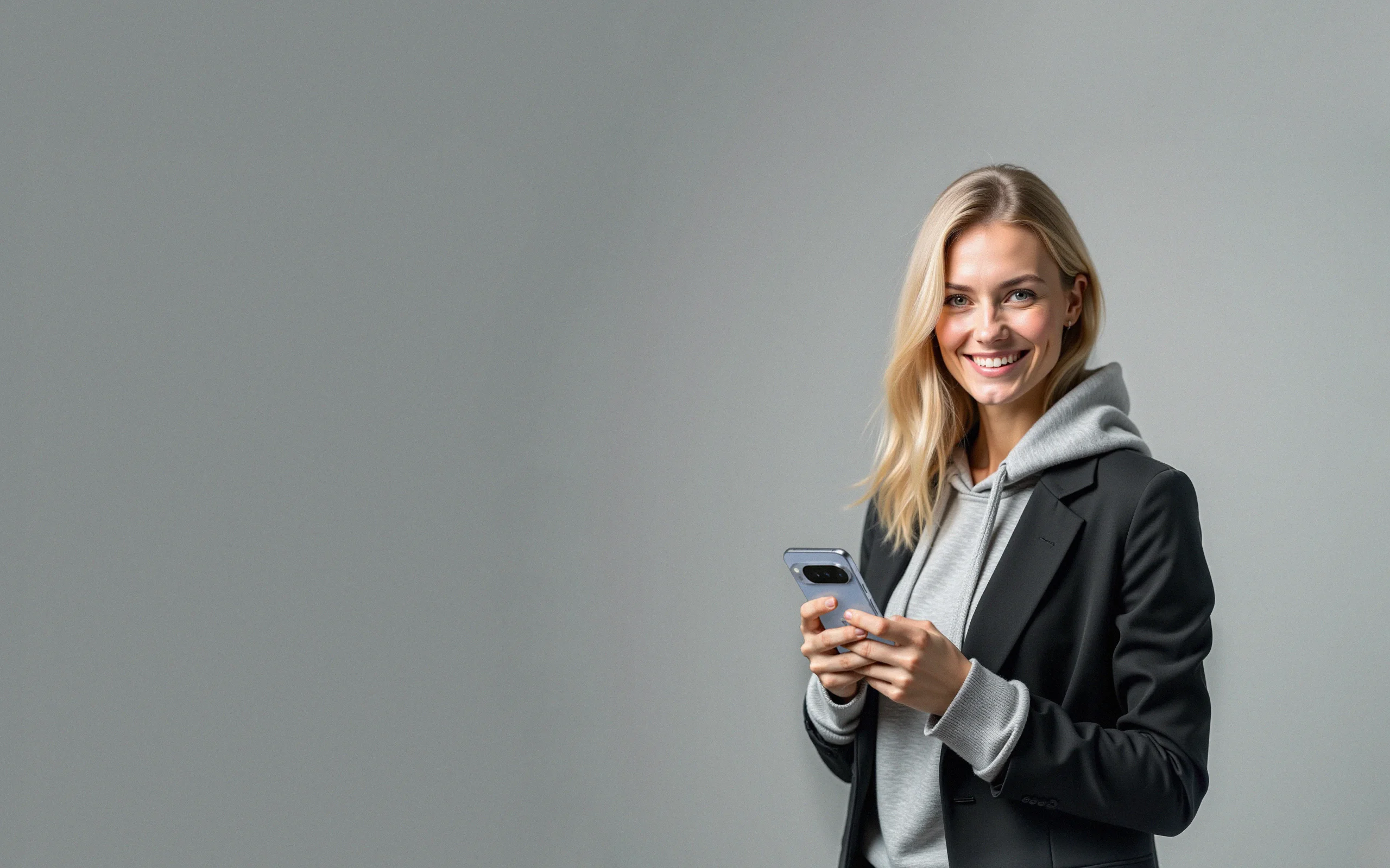Junge Frau im Business-Outfit hält Smartphone und lächelt – steht für moderne SEO-Agentur mit nachhaltigen Strategien für Top-Rankings