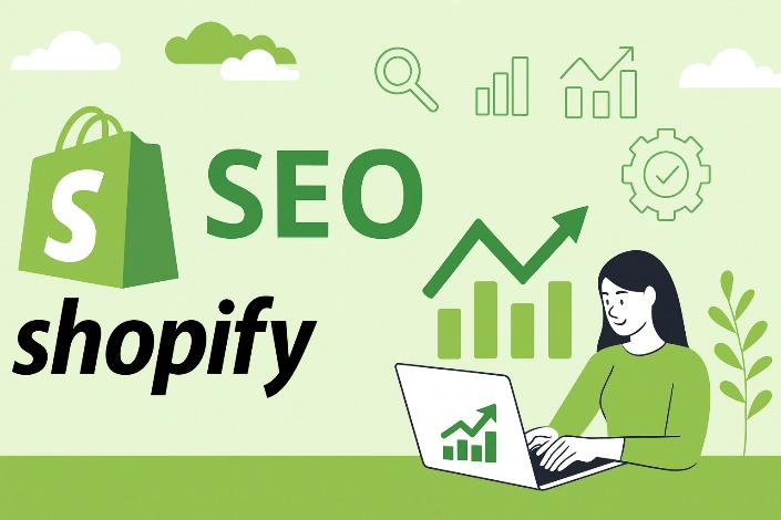 Shopify SEO Illustration: Frau am Laptop mit aufsteigendem Diagramm und Symbolen für Performance und Wachstum.