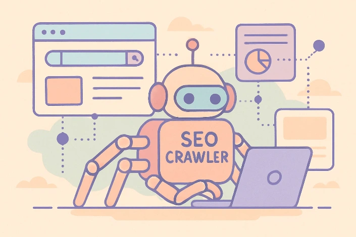 Illustration: „SEO Crawler“-Roboter am Laptop – Sinnbild für Crawling, Indexierung und Sitemaps.