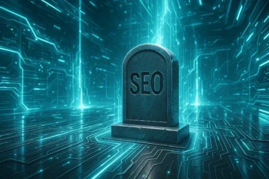 Ein Grabstein mit "SEO" auf einem futuristischen Circuit Board, blaues Licht taucht die Szene in eine digitale Welt.