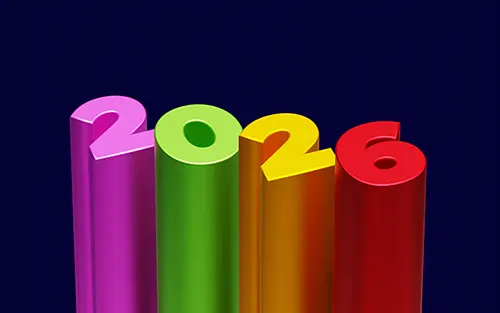 Bunte 3D Ziffern 2026 vor dunkelblauem Hintergrund als Symbol für den strategischen Marketing Ausblick.