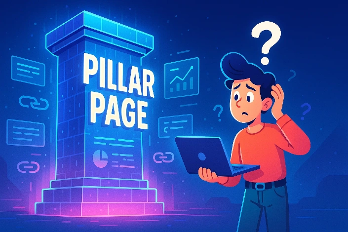 Illustration eines verwirrten Mannes mit Laptop, der das SEO-Konzept "Pillar Page" (leuchtende Säule) ansieht.